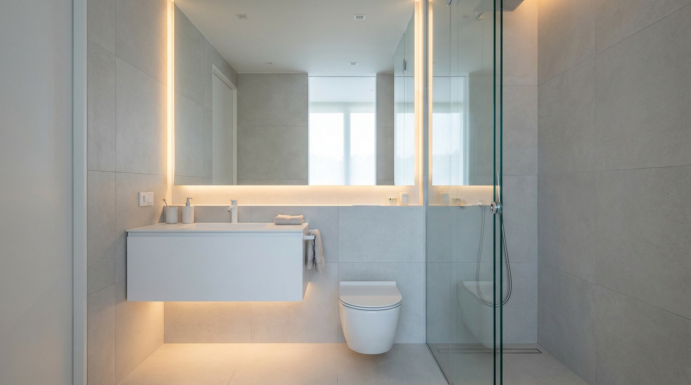 Salle de bain moderne grise avec lavabo suspendu, toilettes murales, douche vitrée et éclairage LED intégré dans le miroir.