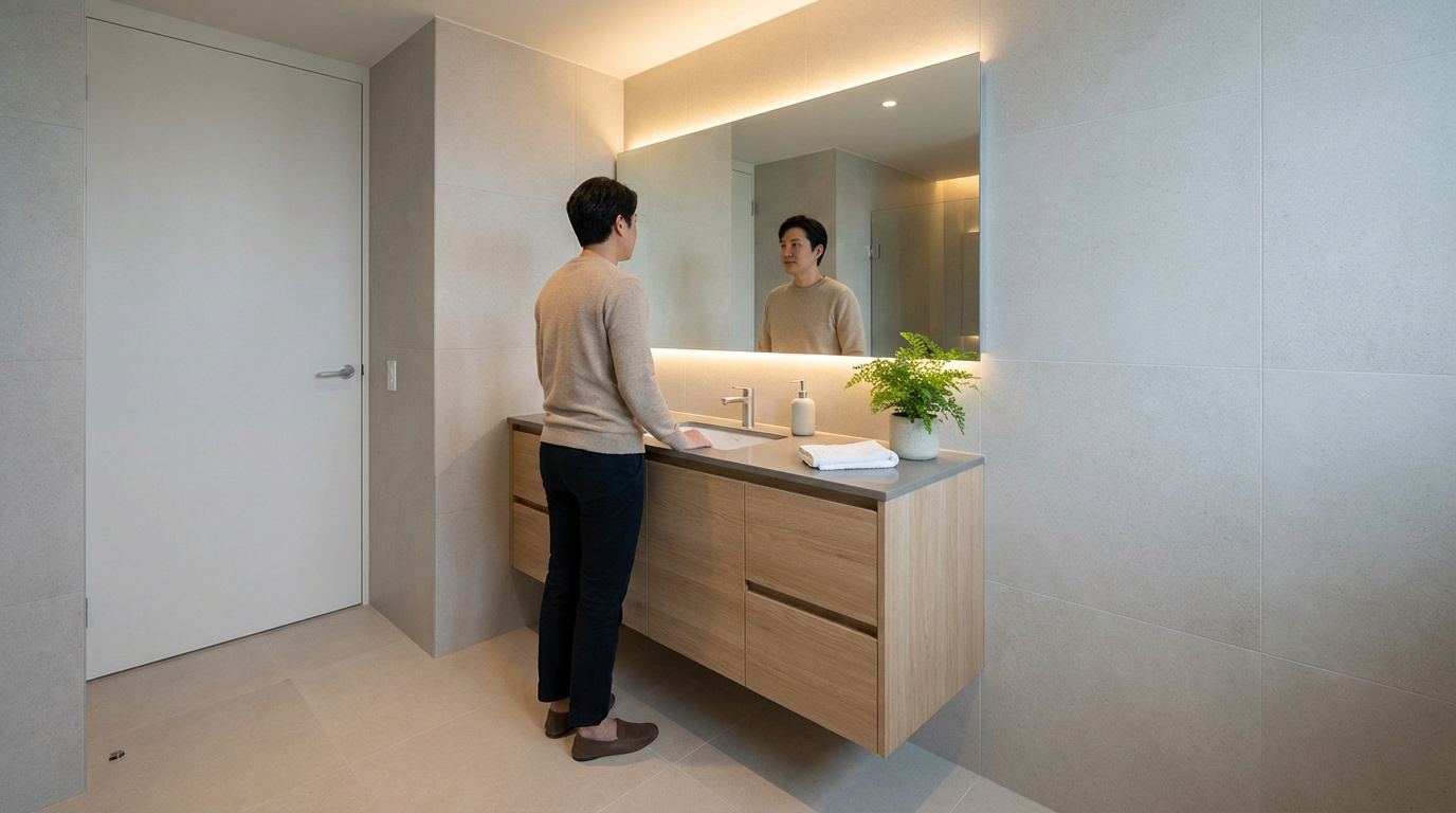 Un homme se tient devant un meuble vasque en bois clair avec un miroir lumineux dans une salle de bain moderne et épurée.