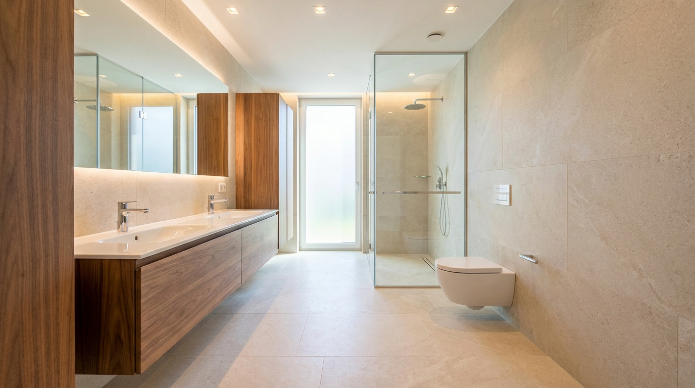 Salle de bain contemporaine et longue avec double vasque en bois, douche à l'italienne et WC suspendu, tons clairs.