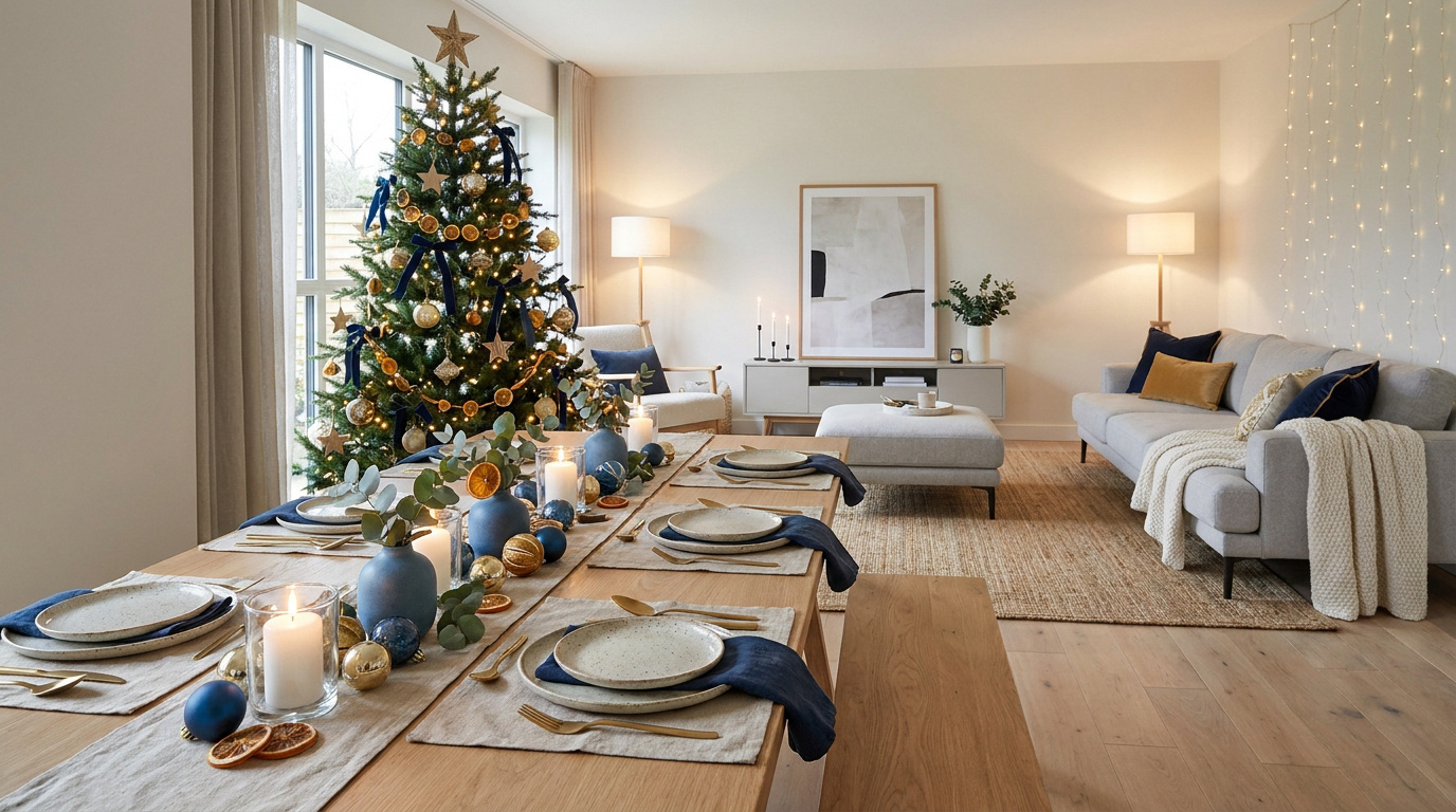 Intérieur moderne de Noël avec sapin bleu et or, table festive avec bougies et canapé cozy. Ambiance chaleureuse.
