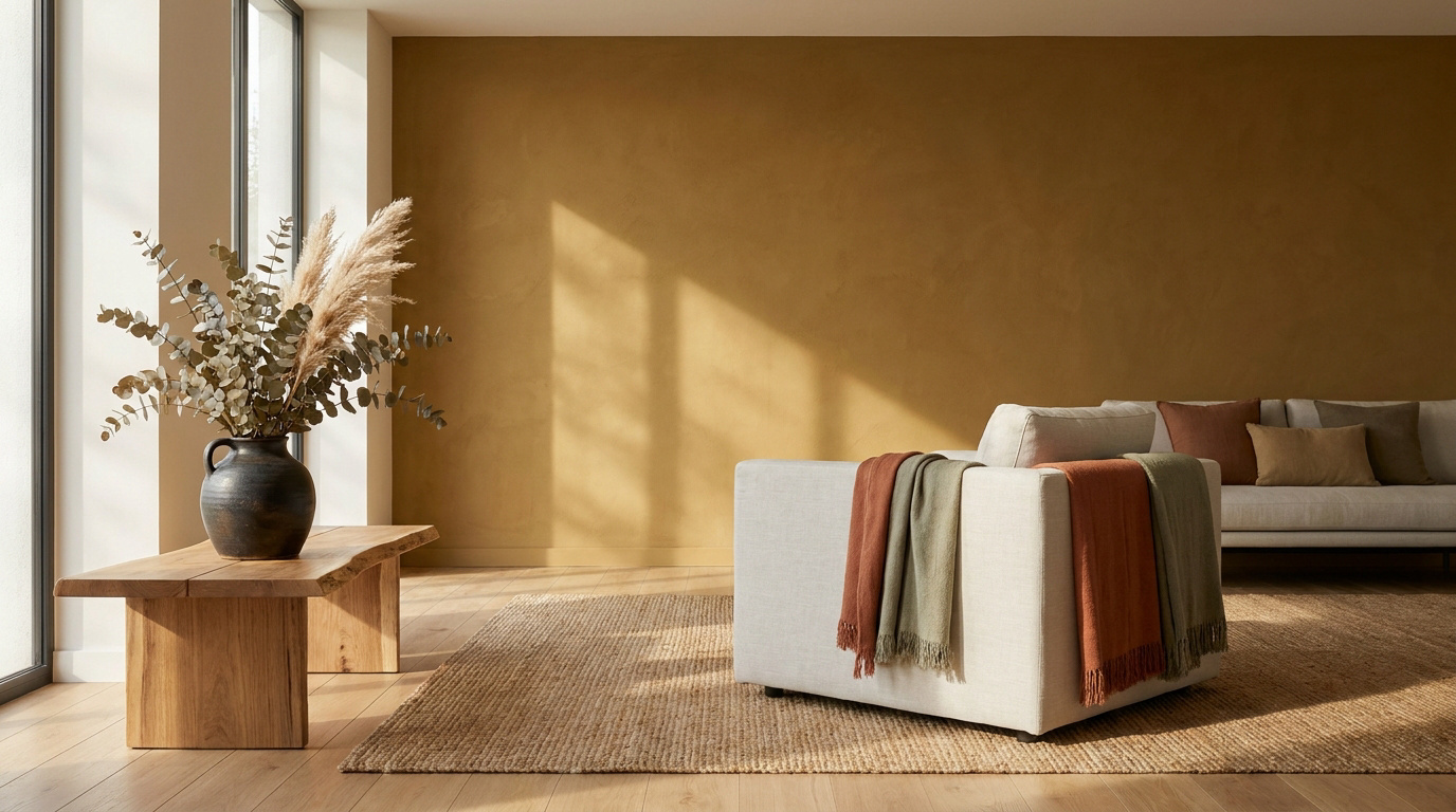 Salon moderne aux murs ocre, canapé clair, fauteuil avec plaids, table en bois avec vase floral, tapis en jute. Lumière naturelle.