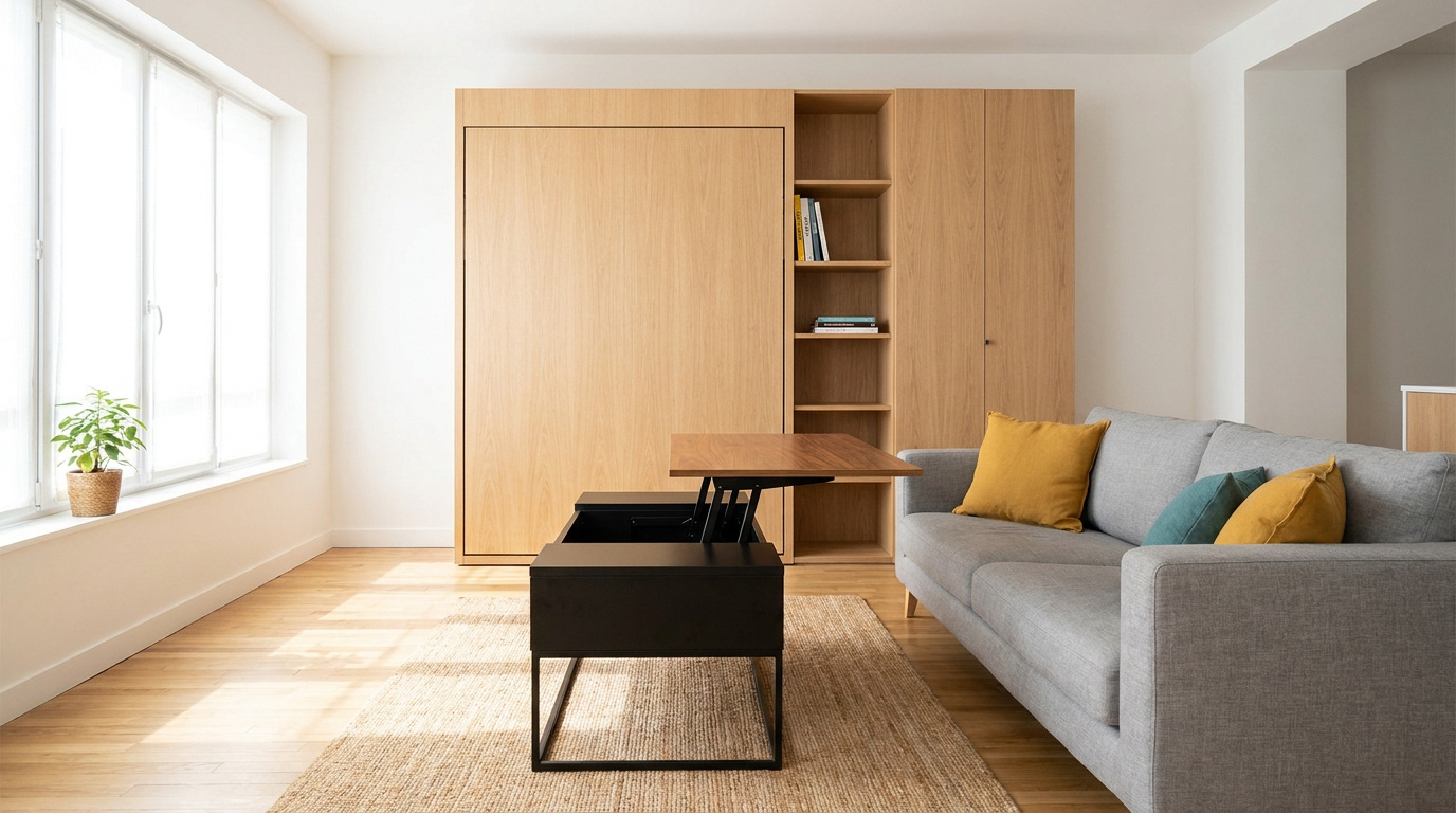 Salon moderne lumineux avec canapé gris, table basse relevable noire et meuble mural en bois clair intégré.