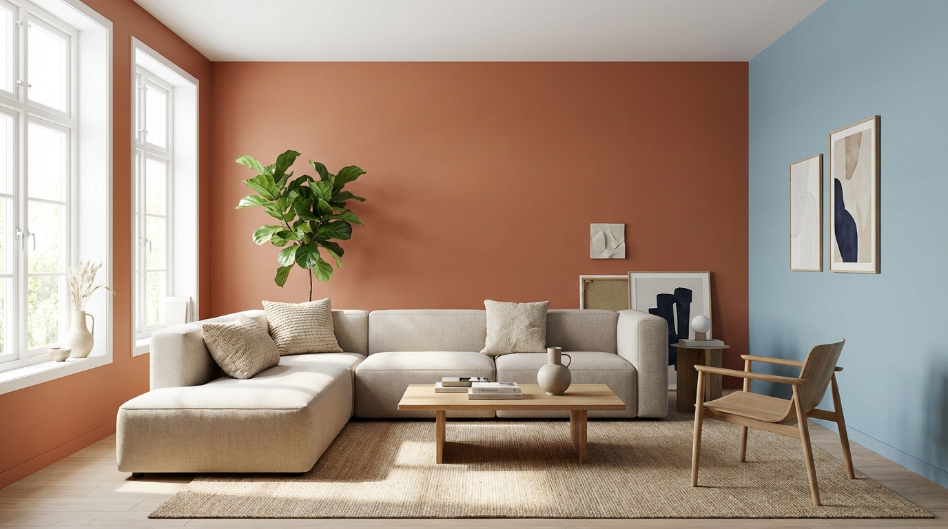 Salon moderne lumineux avec canapé beige, murs terracotta et bleu ciel, plante verte, et mobilier en bois clair.