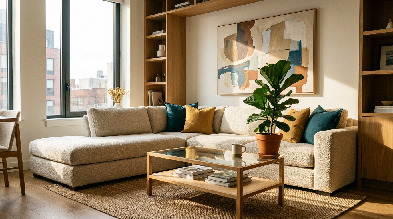 Salon moderne et lumineux avec un grand canapé d'angle beige, des étagères en bois, un tableau abstrait et une plante verte.