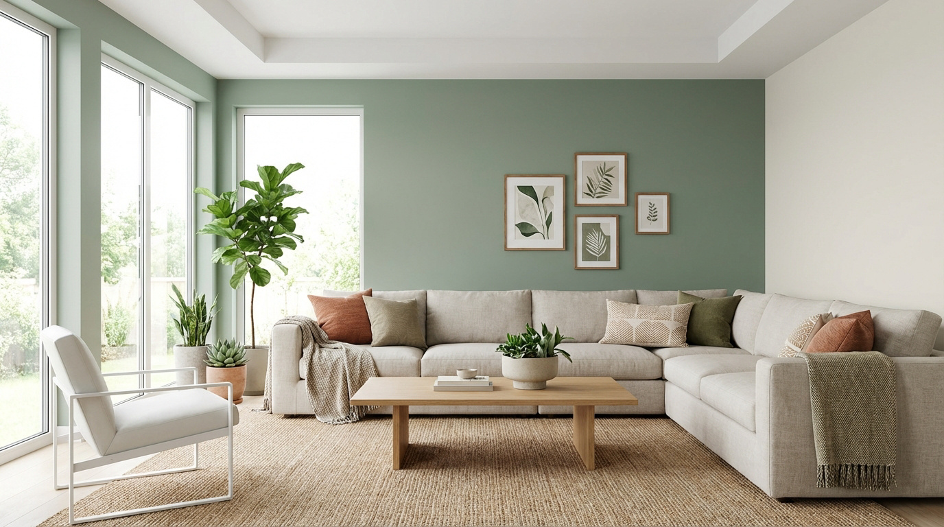 Salon moderne avec mur vert sauge, canapé beige, table basse en bois et plantes. Lumière naturelle.