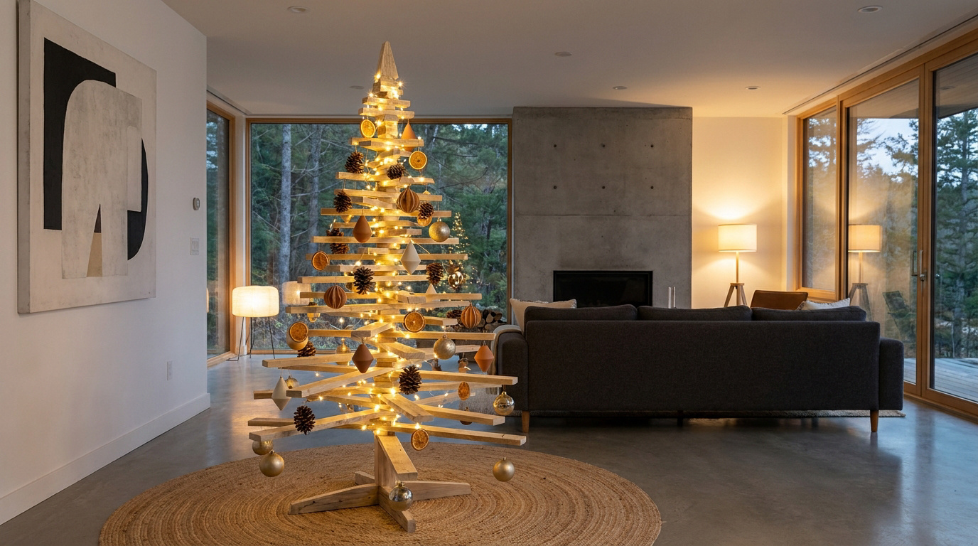 Sapin de Noël design en lattes de bois clair, décoré de lumières, pommes de pin et oranges séchées, dans un salon moderne.