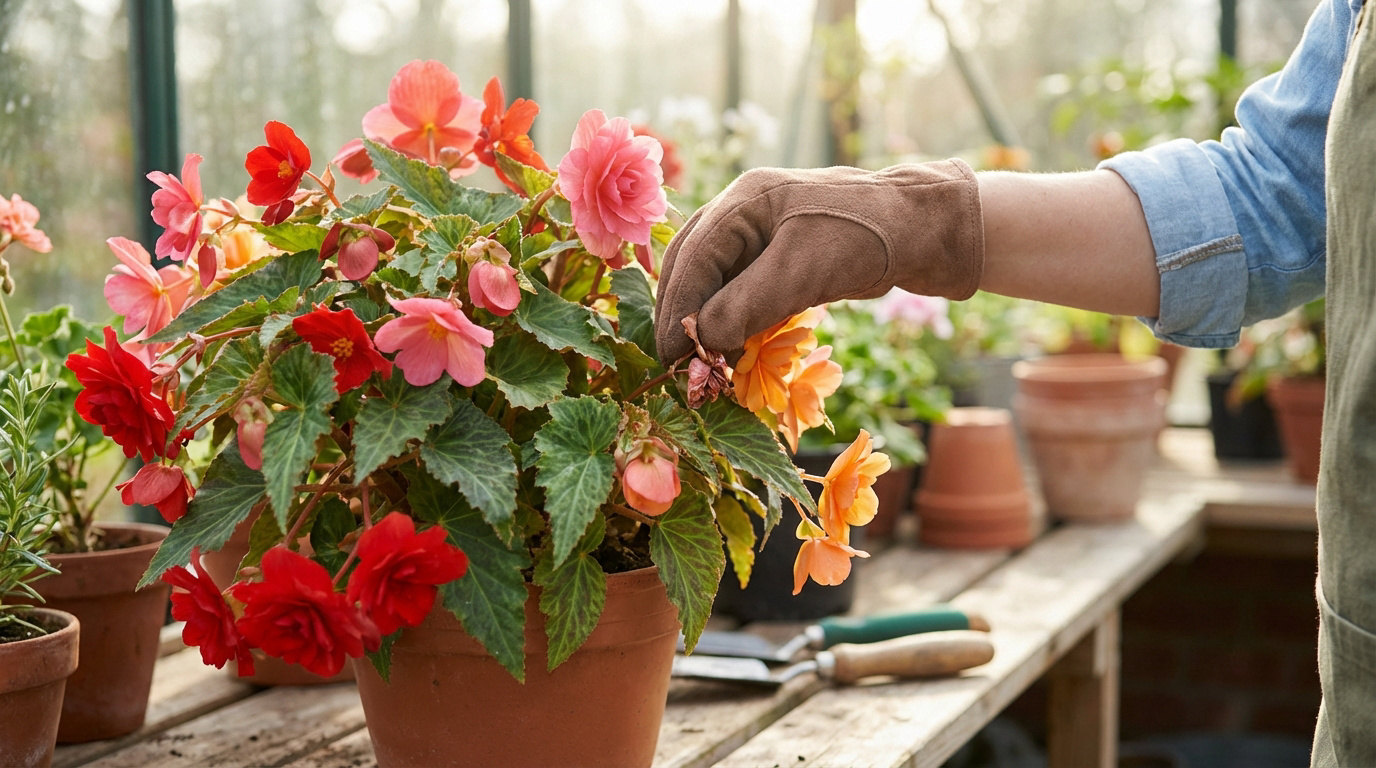 Main gantée entretenant un pot de bégonias rouges, roses et oranges dans une serre lumineuse, sur un établi en bois.