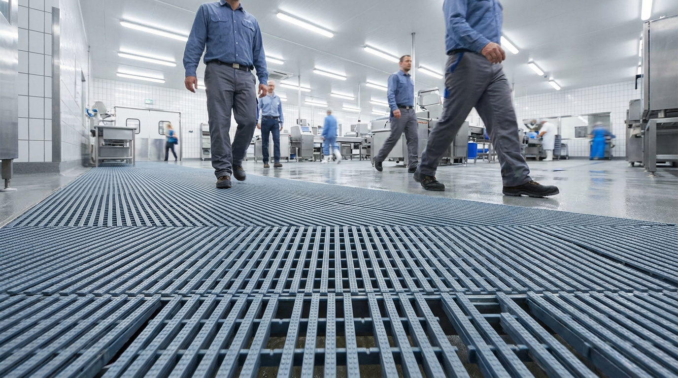 Vue rapprochée de caillebotis plastique gris dans un environnement industriel propre avec des ouvriers marchant.