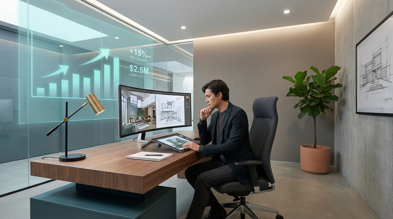 Architecte d'intérieur travaillant sur un bureau moderne, écran affichant des plans et données de croissance. Il utilise une tablette.