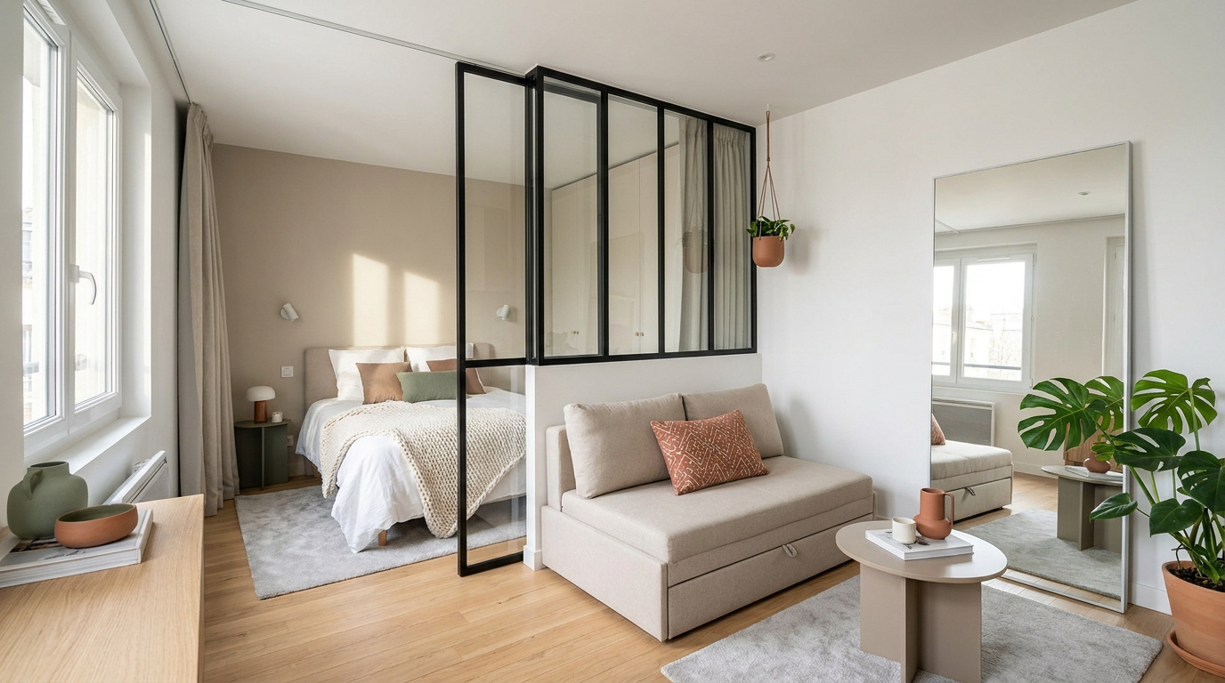 Studio moderne et lumineux. Chambre séparée par verrière, salon avec canapé convertible, miroir et plantes vertes.