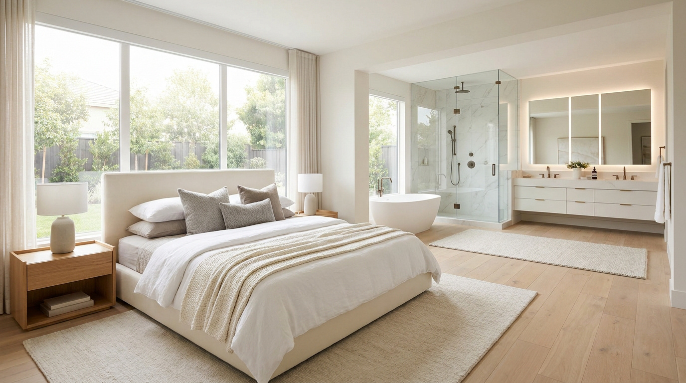 Suite parentale moderne et lumineuse avec un lit confortable, de grandes baies vitrées et une salle de bain ouverte intégrée, équipée d'une baignoire et douche.