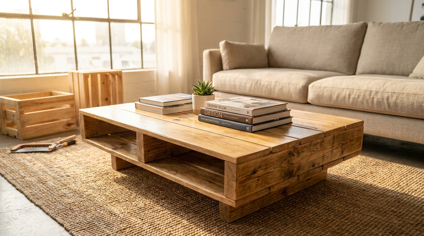 Table basse en bois recyclé (palettes) dans un salon moderne. Livres de design, plante grasse et canapé beige sous la lumière.