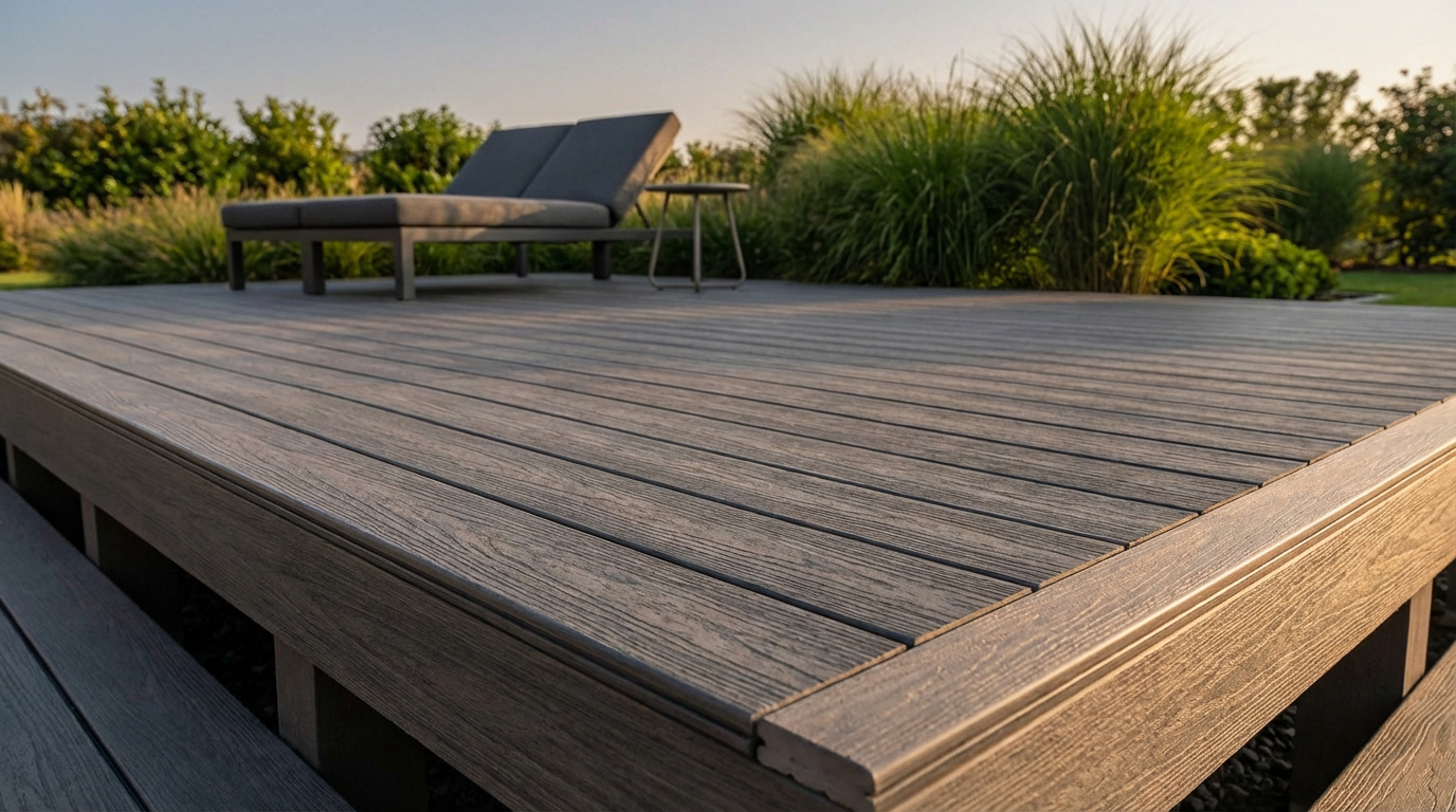 Terrasse moderne en bois composite gris avec un transat et une petite table, entourée de végétation luxuriante.