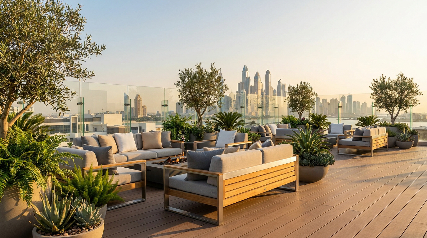 Luxueuse terrasse de toit aménagée avec des meubles de salon extérieurs en bois, des plantes luxuriantes, un foyer, et une vue sur une ville de gratte-ciel au loin.