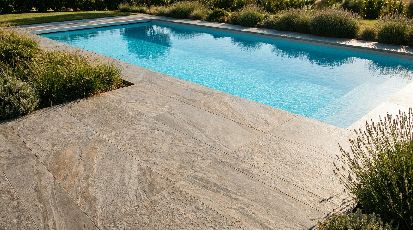 Vue sur une piscine rectangulaire et sa plage en dalles aspect pierre naturelle, agrémentée de végétation.