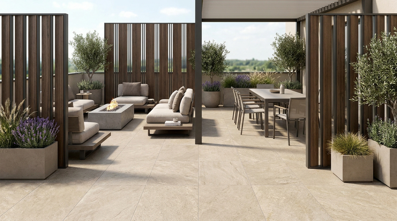 Grande terrasse moderne et élégante avec salon de jardin, brasero, salle à manger extérieure, claustras en bois et plantes.