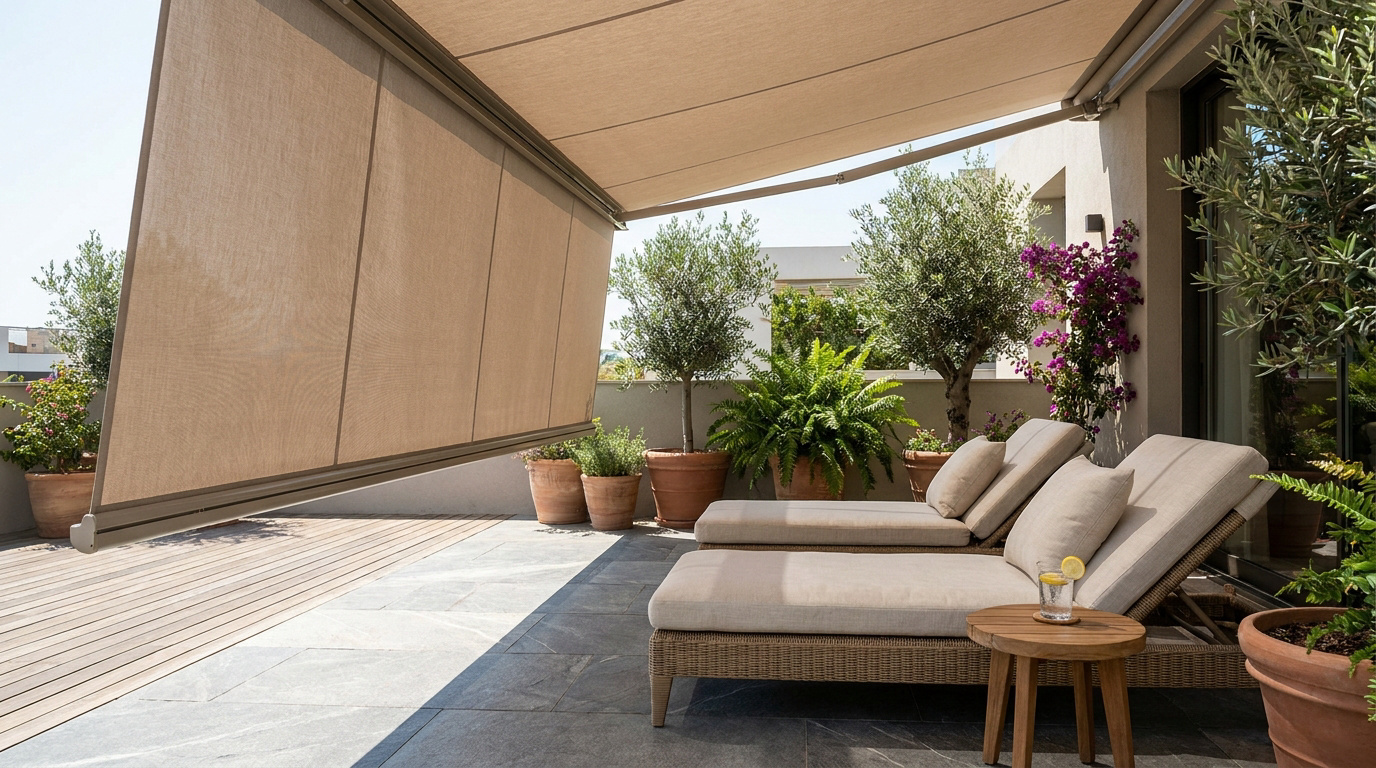 Grande terrasse extérieure avec stores occultants beiges, chaises longues confortables et végétation luxuriante sous le soleil.