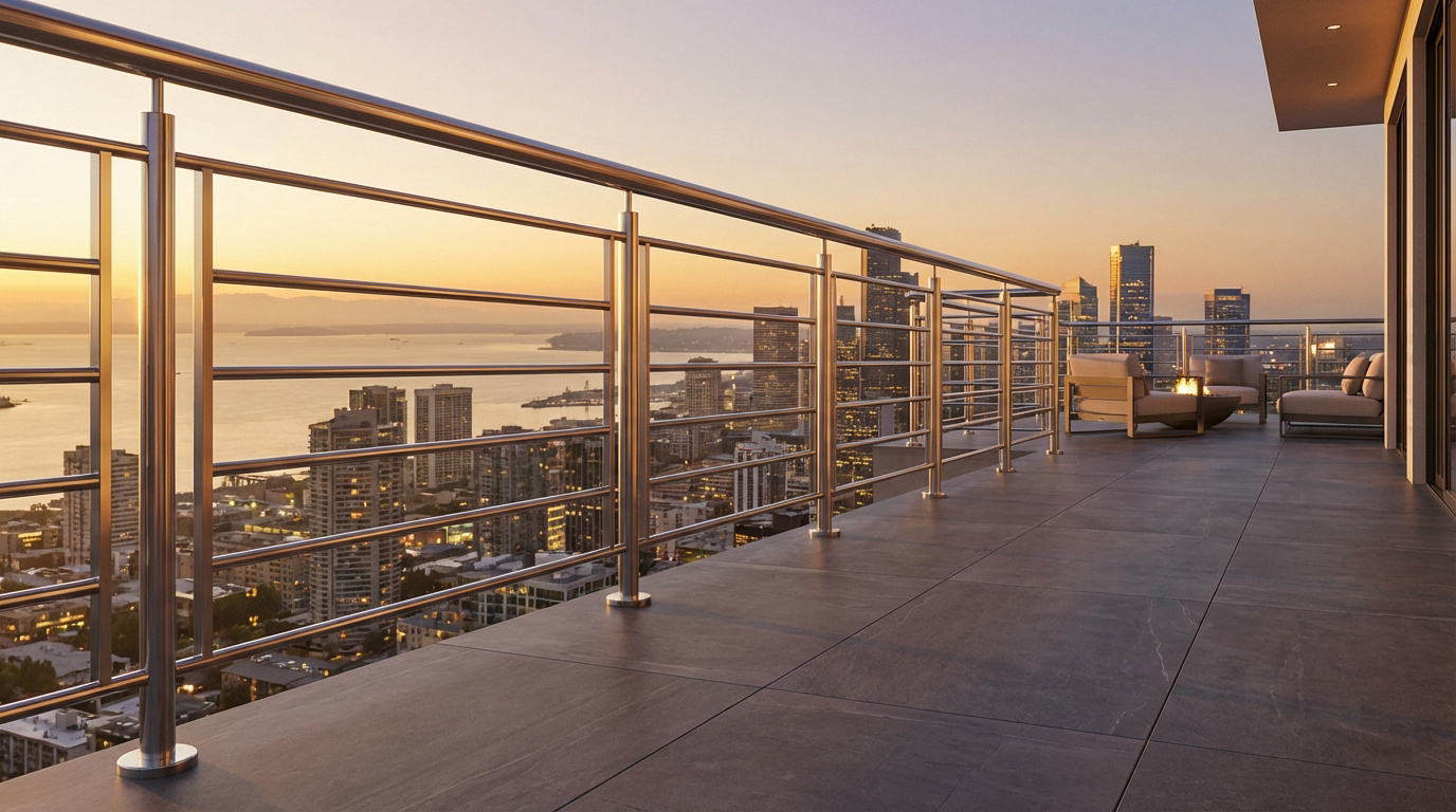 Terrasse moderne avec garde-corps en inox brossé, offrant une vue sur une ville et un plan d'eau au coucher du soleil, avec mobilier extérieur élégant et un foyer.