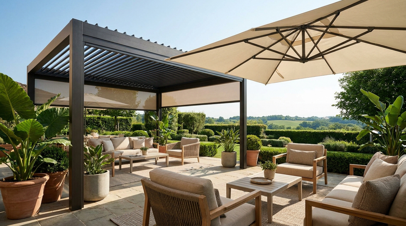 Terrasse moderne avec pergola à lames orientables et grand parasol beige. Mobilier de jardin clair et verdure luxuriante.