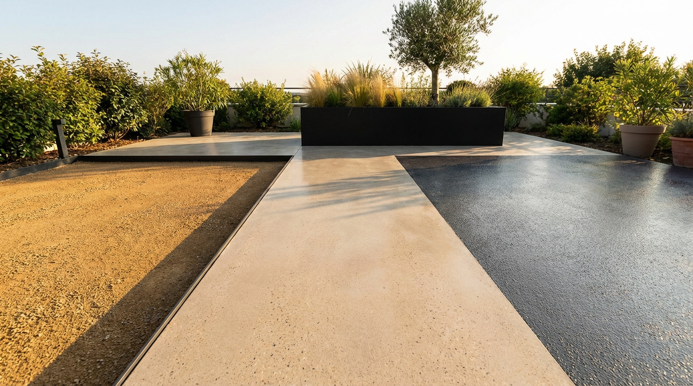 Terrasse moderne présentant trois types de revêtements : gravier beige, béton clair et revêtement texturé gris foncé, entourée de végétation.