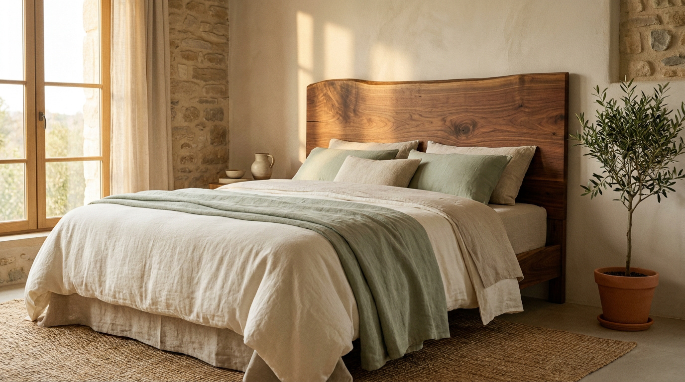 Lit double avec tête de lit en bois live edge, literie beige et vert clair, fenêtre et olivier en pot. Ambiance naturelle.
