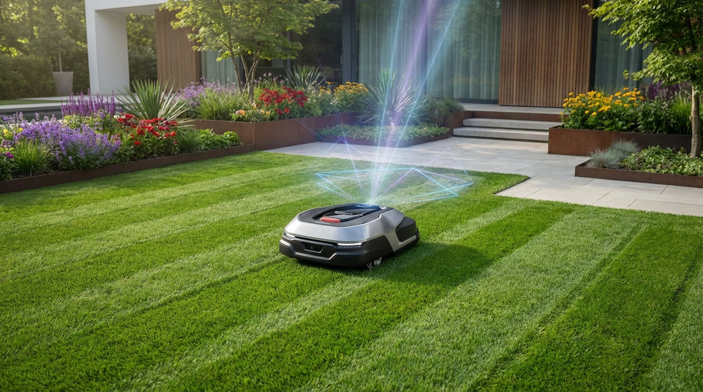Un robot tondeuse sans fil sur une pelouse verte impeccable, avec des faisceaux lumineux futuristes symbolisant la tonte satellite.