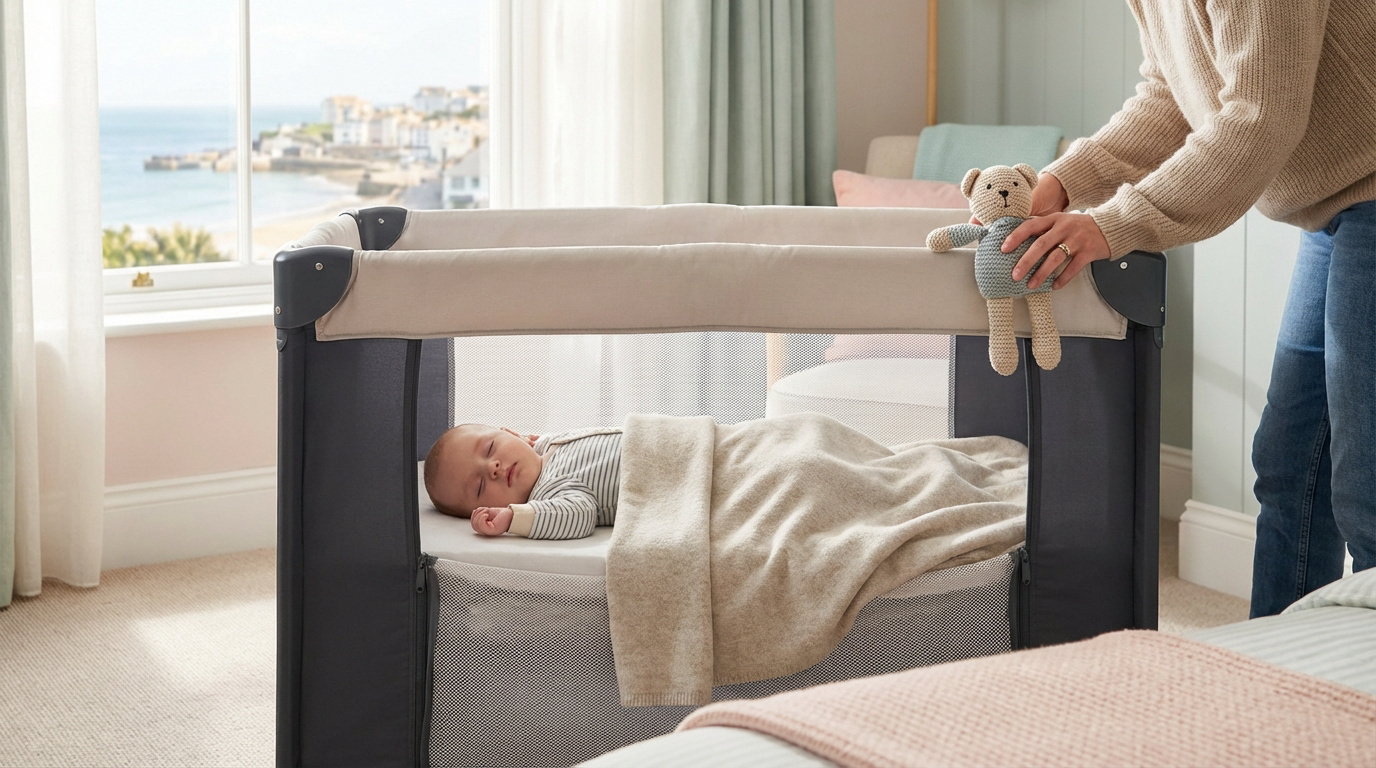 Bébé dort dans un lit parapluie gris et beige. Une main pose un ours en peluche. L'arrière-plan montre une vue sur la mer.